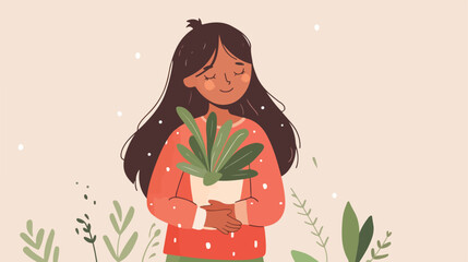 Young girl holds potted green plant. Concept of love