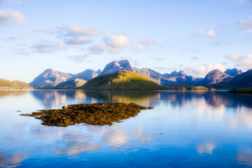 Calm Evening at Fredvang on Moskenes Island in Lofoten, Norway, Looking South - obrazy, fototapety, plakaty