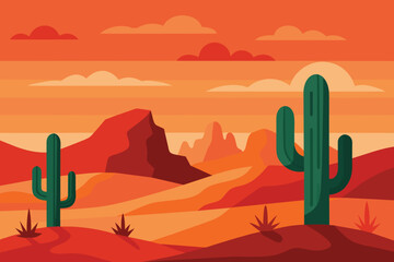 Day in Vast Western American Desert with Cactus Horizon Landscape Illustration design