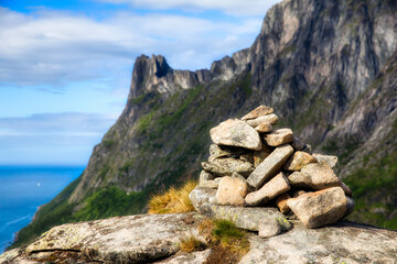 Fototapeta na wymiar Cairn on the Walking Trail to Barden on the Beautiful Norwegian Island of Senja
