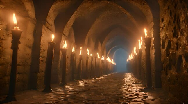 The Depths of a Terrifying Nightmare. Scary Endless Medieval Catacombs with Torches