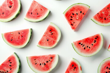 Minimalist yet captivating image focusing on the intricate details and aroma of sliced ​​watermelon slices elegantly placed on a white surface