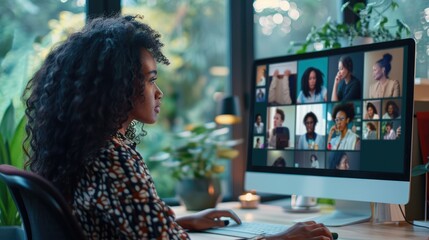 African American woman Working in Creative Agency, Looking Through Social Media Trends for Marketing. Successful Specialist Using Computer with Video Streaming Platform on Screen Display