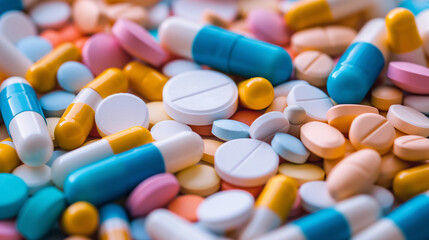 A pile of pills of various colors including white, yellow, blue and orange in a close up view

