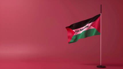 An elegant presentation with a solid crimson background, exhibiting the Palestinian flag on one end and the urgent plea "Free Palestine from oppression" on the rest.