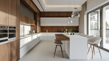 Fototapeta premium Classic Scandinavian kitchen with wooden details. minimalist interior design