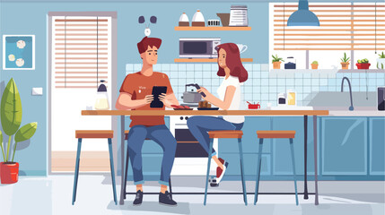 Young modern couple with smartphones in the kitchen