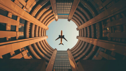 An airplane navigates through building crevices, revealing its underside, a striking urban aviation concept, AI generative.