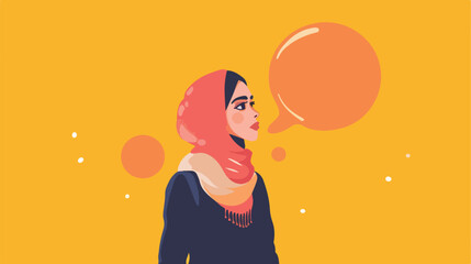 Young Muslim woman stays near a big speech square bubble