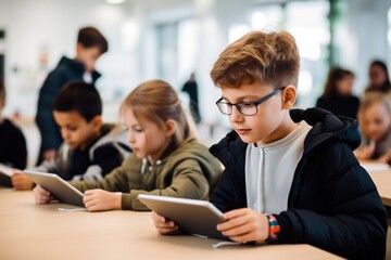 Children friends working on assignment education classroom computer.