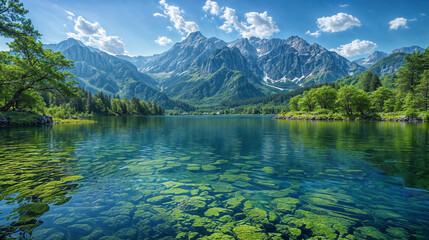 Idyllic mountainous landscape photograph featuring a serene crystal clear lake with aquatic plants