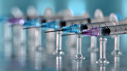 Medical syringes float in the air on a blue background. Medical syringes with colored liquid for injection.