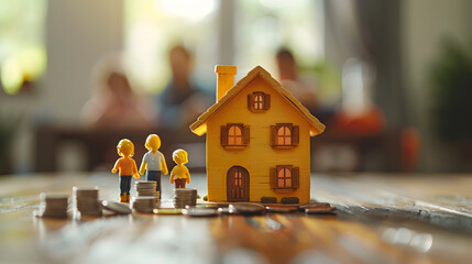 house maquette model with family members and money savings for housing mortgage and buying home affordability concepts as wide banner with copyspace area for text - obrazy, fototapety, plakaty