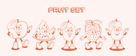  Retro fruit set featuring funny comic book characters from the 60s and 70s. Mascot for cafes, restaurants, T-shirt prints. Apple, pear, strawberry, watermelon, lemon in monochrome red. Modern vector 