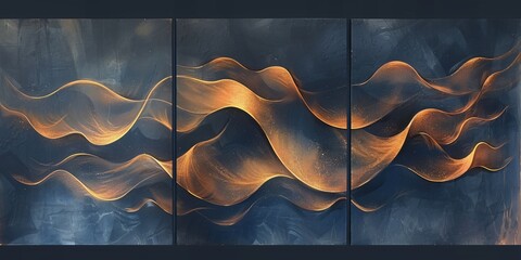 Golden wavy lines artfully set on a dark blue grunge crafted into an elegant three panel wall art