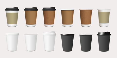 Coffee paper cup, mug mockups, cardboard and plastic package with lids