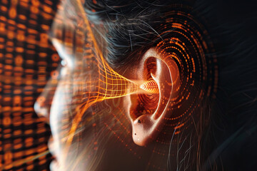 Abstract image of electromagnetic and sound waves near a woman's ear. Generated by artificial intelligence