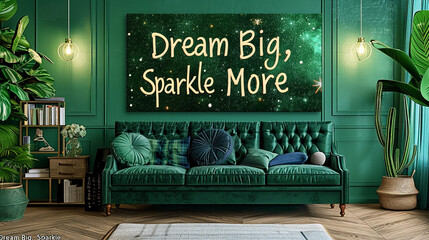 An elegant emerald canvas with the emphatic quote "Dream Big, Sparkle More"