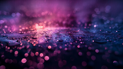 A closeup of water droplets on the surface, creating a shimmering effect with purple and pink hues...