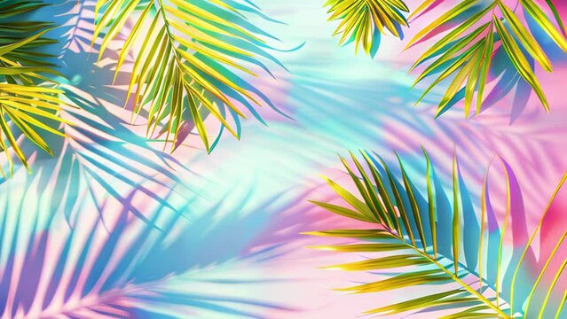 trendy summer floral pattern background , colorful pastel colors leaves palm shape art video wallpaper. Summer colors botanical tropical leaves ,sun light and shadows, pink, yellow leaf 