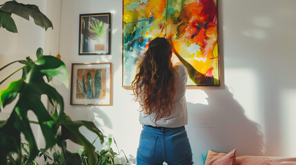Young woman hanging painting on light wall in bedroom