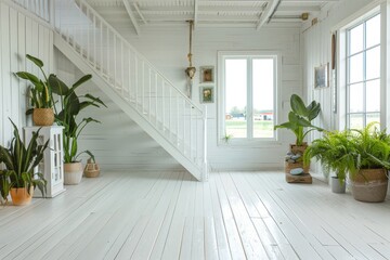 Modern farmhouse living room with wooden staircase, white tones, wood accents, green plants