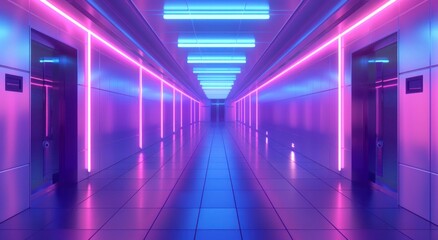 Fototapeta premium 3d rendering of a corridor room with futuristic purple neon light.