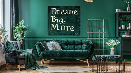 An elegant emerald canvas with the emphatic quote "Dream Big, Sparkle More"