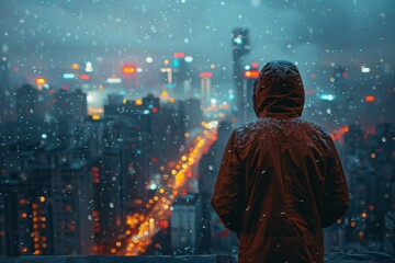 A hooded figure stands against a city backdrop illuminated by vibrant lights under a snowy sky