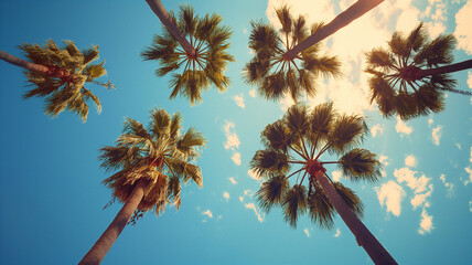 Sunlit Palm Trees Against a Vibrant Blue Sky - obrazy, fototapety, plakaty
