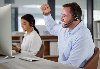 Man, celebration and office of call center for business inbound telemarketing, sales service and...