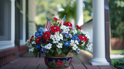 Patriotic Floral Arrangement Displaying American Flags and Flowers