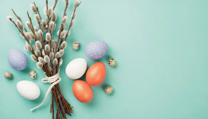 Top view photo of bunch of pussy-willow and easter eggs on isolated teal background with copyspace - Powered by Adobe