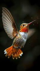 Fototapeta premium Flying hummingbird with green forest in background. Small colourful bird in flight.