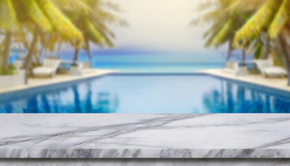 Empty white marble stone table top and blurred swimming pool in tropical resort in summer banner background