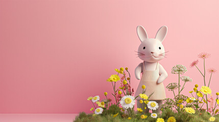 A cute cartoon rabbit standing in a field of flowers on a pink background.