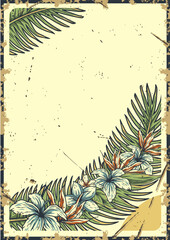 Fototapeta premium Vintage-style poster with a tropical beach theme, featuring illustrated palm leaves and flowers, framing space for text, ideal for surfing events or summer activities. Text space