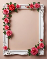 Simple portrait wooden photo frame mockup with border of red and pink roses in a pastel wall background.
