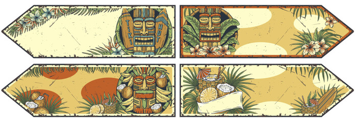 Tiki lounge. Summer surfing bar poster set with tropical leaves. Hawaii wooden tiki mask collection. Traditional ethnic idol of hawaiian, maori, polynesian. Old tribal totem for tiki bar. Text space