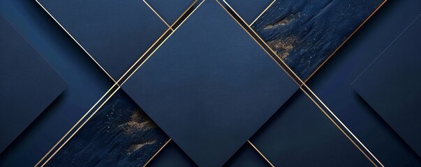 Luxury template with elegant blue and gold triangle lines overlapped in a three panel dark blue set