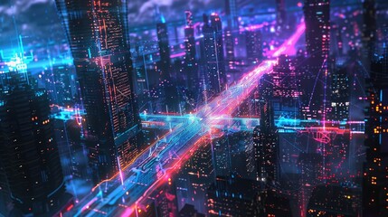 Obraz premium A cityscape with a neon sign that says 