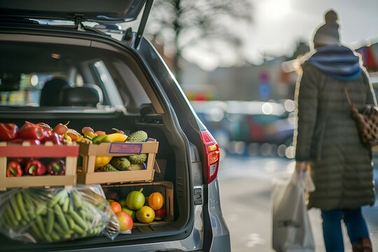 Loading Groceries Into Car Trunk In Supermarket Parking Lot. Concept Grocery Shopping, Car Loading, Supermarket Parking Lot, Shopping Routine, Everyday Tasks