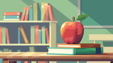 Apple with school books on table in classroom Vectot