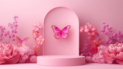 A pink background with a pink butterfly and several pink flowers of various kinds.

