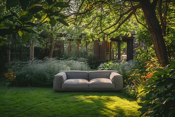 A gray sofa sits comfortably on a grassy lawn in the house garden, surrounded by lush green trees during a sunny summer day