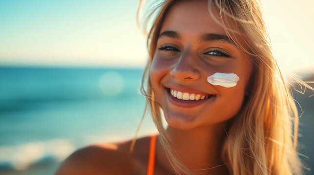 L&auml;chelnde blonde Frau mit Sonnencreme auf der Wange am Strand