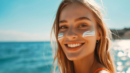 Lächelnde blonde Frau mit Sonnencreme auf der Wange am Strand