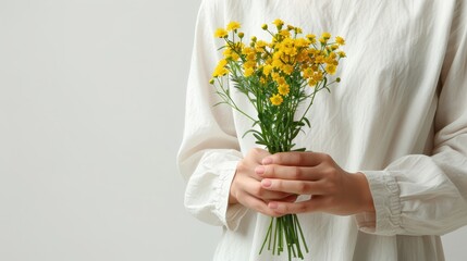   A person tightly grips a bouquet of flowers, yellow blooms occupying the center of their hands Behind them stands a pristine white wall