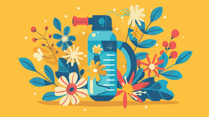 Asthma inhalers with mask and flowers on yellow background - obrazy, fototapety, plakaty
