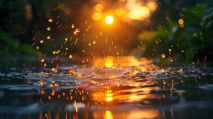 Sunset Reflections on Water: Vibrant Colors, Shiny Drops, and Glowing Patterns in Nature